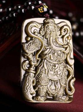 天然金曜石武财神项链关公吊坠