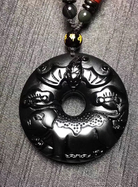 天然黑曜石挂坠蝙蝠项链生肖猪