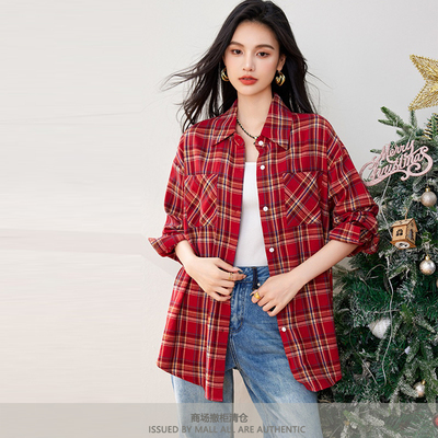 专柜2026长袖宽松复古红色格纹衬衫女新款百搭长款休闲外套防晒衫