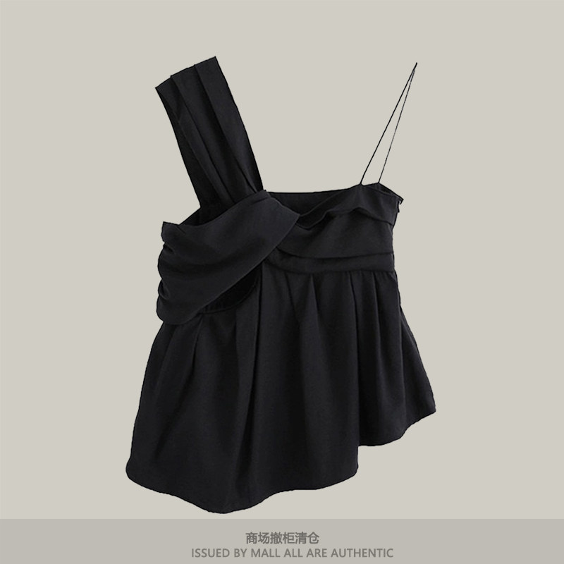 商场撤柜夏季雪纺小吊带女黑色不对称设计感外穿无袖性感背心上衣