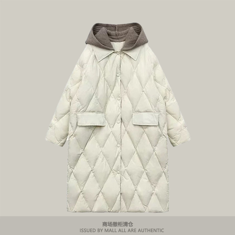 撤柜韩版针织帽羽绒棉服女中长款冬宽松连帽菱形格过膝白鸭绒外套,女装/女士精品,羽绒服,淘宝优惠券,粉丝福利购,淘宝优惠卷