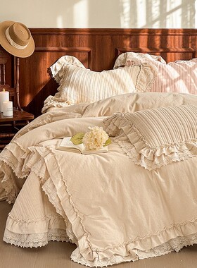 高端双层重工花边棉麻床盖三件套绗缝夹棉被套四件套机洗夹棉床单