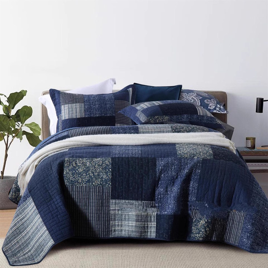 出口美国原单美式复古纯棉绗缝拼布床盖三件套夹棉防滑床单夏凉被