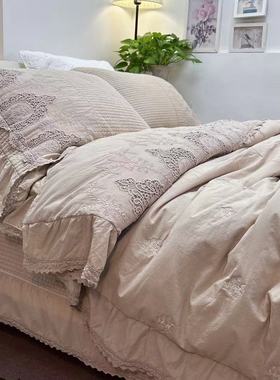 高端重工刺绣韩国砂洗纯棉床盖三件套多功能夹棉被套四件套高级感