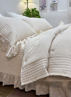 高端轻奢刺绣棉麻床盖款蕾丝多功能绗缝夹棉被套四件套夹棉床单