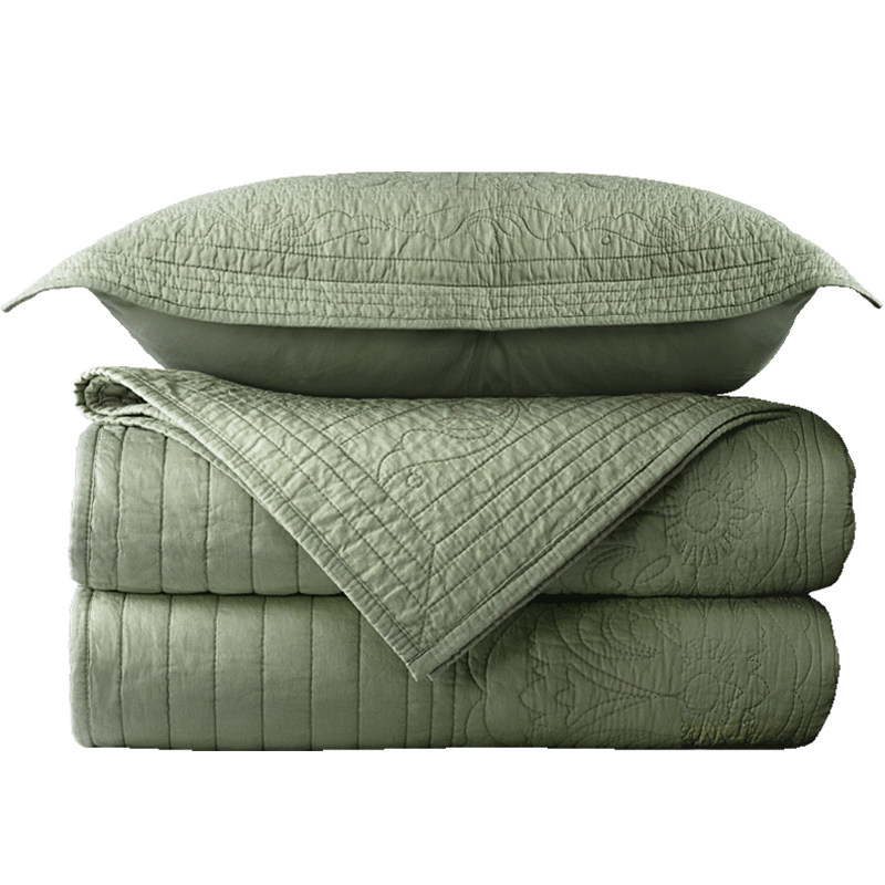 春秋美式纯棉绗缝被 欧式全棉纯色夹棉夏凉被 床盖三件套床罩加厚