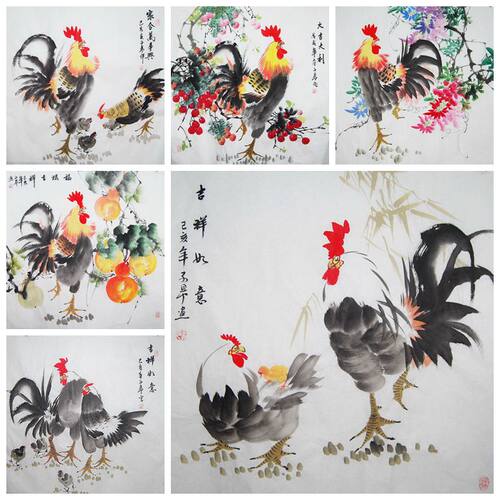 纯手绘四尺斗方国画公鸡大吉大利