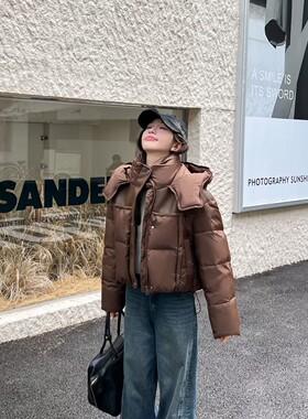 欧版2024冬季新款连帽拼皮短款白鸭绒羽绒服女加厚保暖面包外套潮