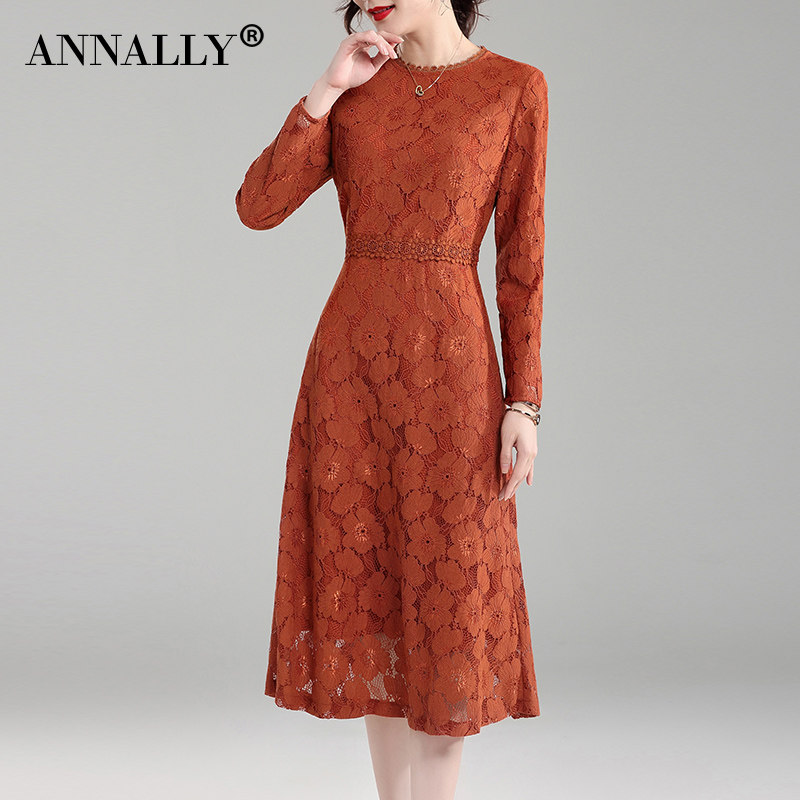 annally秋装新款气质优雅时尚修身大摆打底焦糖色蕾丝连衣裙