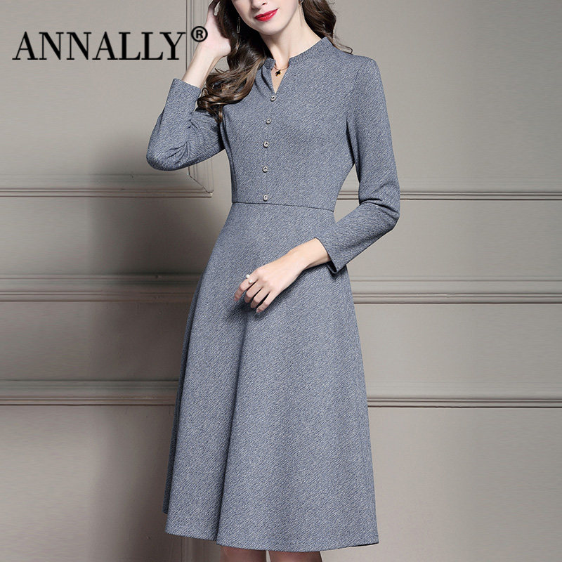 annally时尚冬季新款优雅气质修身显瘦v领蓝色大摆中长款连衣裙厚