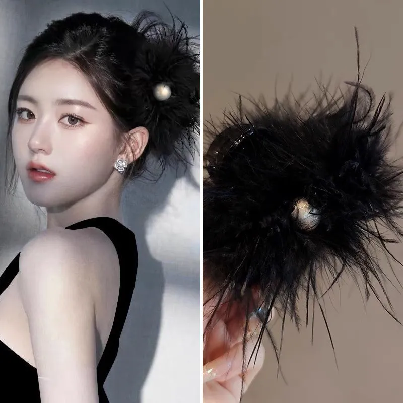 羽毛抓夹高级感鸵鸟毛显发量发夹后脑勺盘发珍珠鲨鱼夹子头饰
