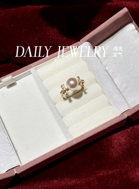 特价！天然9mm海水akoya羽皇金色珍珠戒指S925纯银镀18k仅此一枚