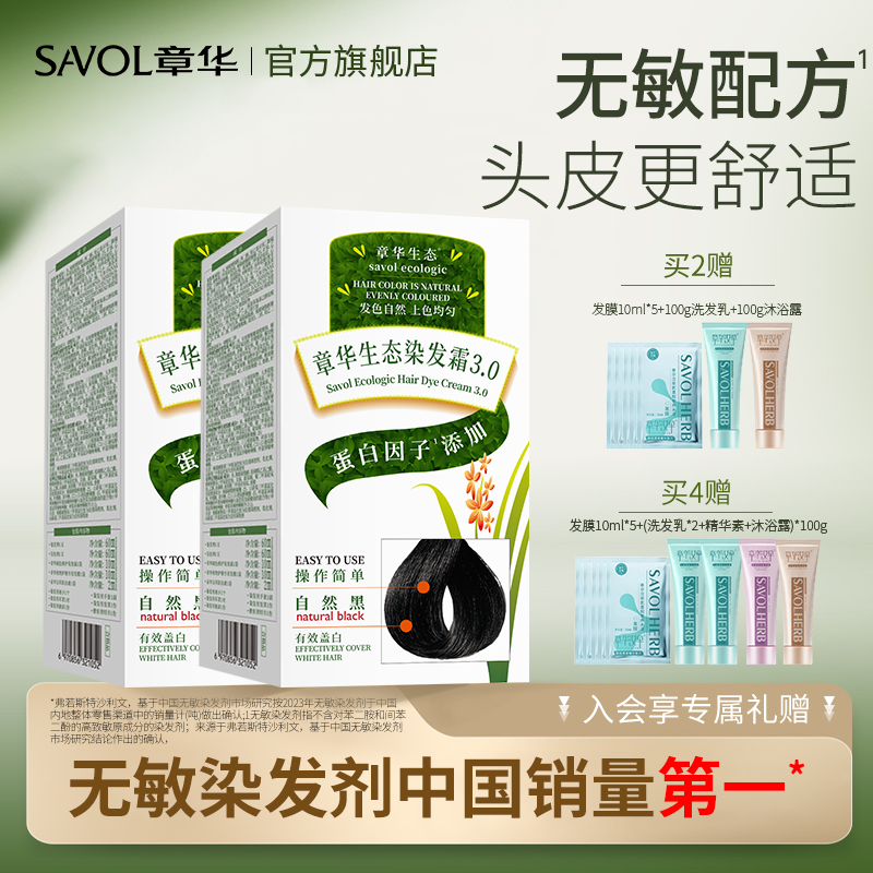 2盒)章华生态染发膏男女在家植染头发剂物纯黑茶色遮白发官方正品
