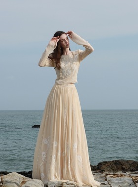 VAN SUNSUN VAN上善2025夏季|月光浮光重工刺绣上衣/A字半裙套装