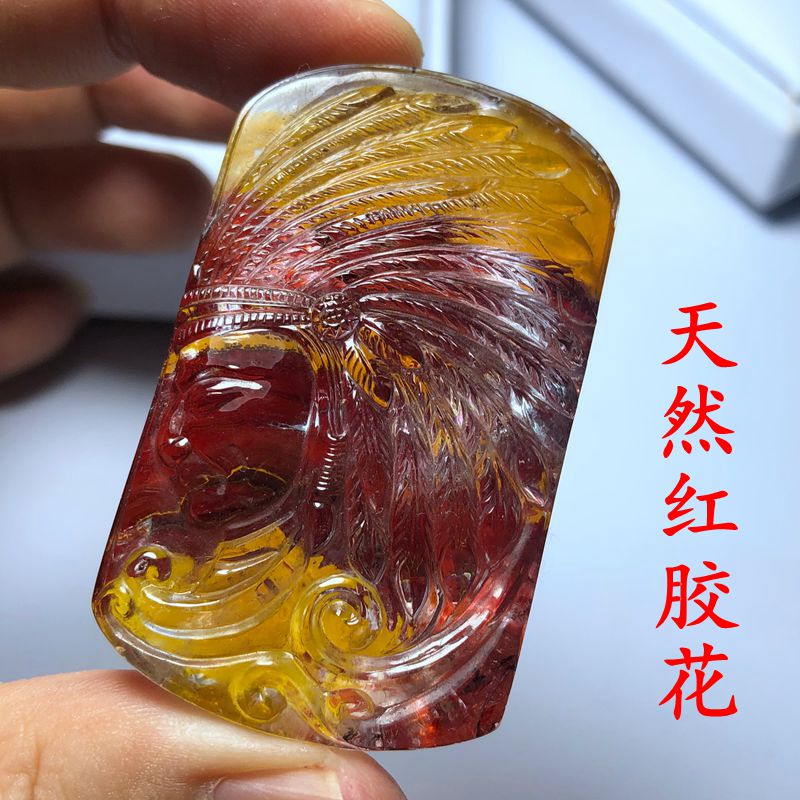 原色 红胶花 天然 水晶吊坠 印第安头像 红胶花水晶吊坠 精工雕刻