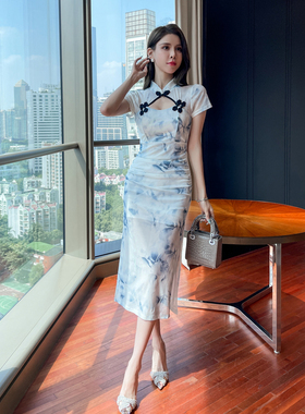 中式旗袍连衣裙性感网纱低胸沐足疗会所spa柔式按摩技师工作服