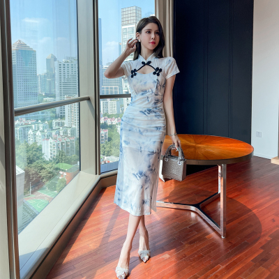 中式印花旗袍连衣裙技师工作服