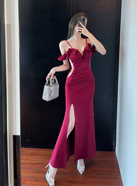 性感连衣裙一字肩吊带低胸开叉夜店SPA柔式按摩沐足疗技师工作服