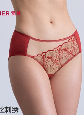 爱慕芳华内裤女性感蕾丝中腰平角裤AM23B431