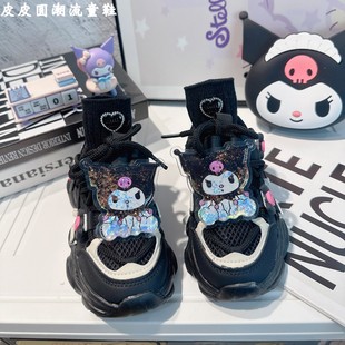 春秋女童旋转纽扣老爹鞋 2025新款 轻便透气 女款 清仓儿童黑色运动鞋