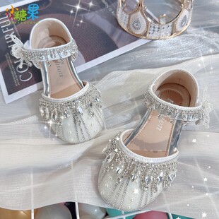 女童银色小皮鞋夏薄款软底儿童漂亮公主鞋女款女孩演出水晶鞋凉鞋