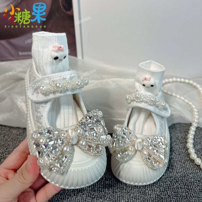 女童鞋子2025新款春秋白色玛丽珍帆布鞋儿童水钻蝴蝶结布鞋幼儿园