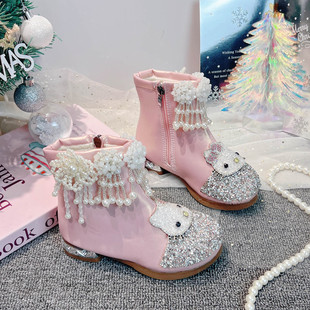 女童公主水钻皮靴带小高跟儿童二棉马丁靴女孩加绒短靴洋气时髦女