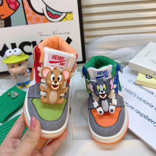 儿童鞋子春秋款2026新款春季皮面鸳鸯高帮板鞋男童运动鞋高邦单鞋