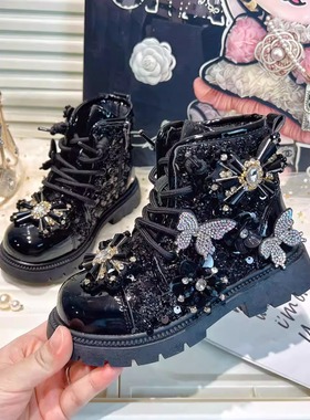 女童黑色马丁靴二棉2025新款女孩走秀单靴女款加绒短靴儿童靴子冬