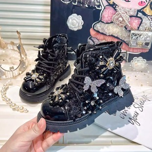 女童黑色马丁靴二棉2025新款女孩走秀单靴女款加绒短靴儿童靴子冬