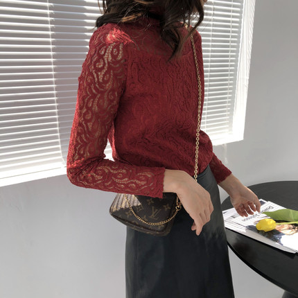 包邮！6570#外贸日单 纽扣系带设计酒红色蕾丝上衣   0.19KG