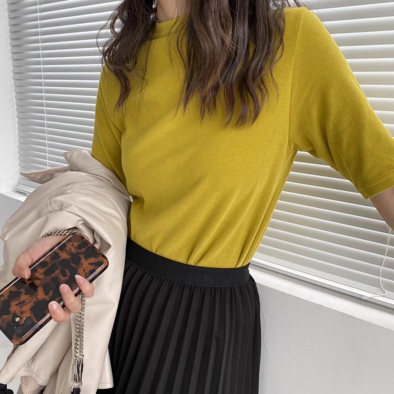 包邮！616#韩系纯色女半高领厚实中袖磨毛弹力打底衫T恤0.17KG