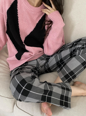 包邮！502316#大厂好货！撞色混搭风~高腰格子直筒休闲裤  0.49KG