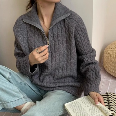 1307#慵懒风~麻花纹半拉链高领毛衣宽松百搭翻领内搭针织衫上衣