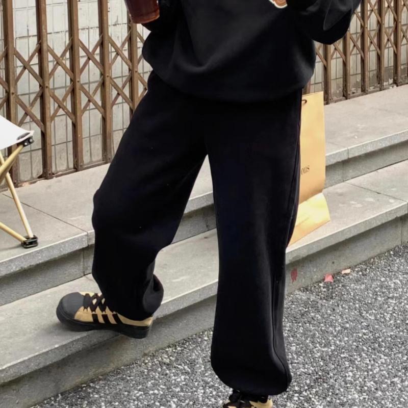 韩版松紧纯色高腰口袋束脚裤