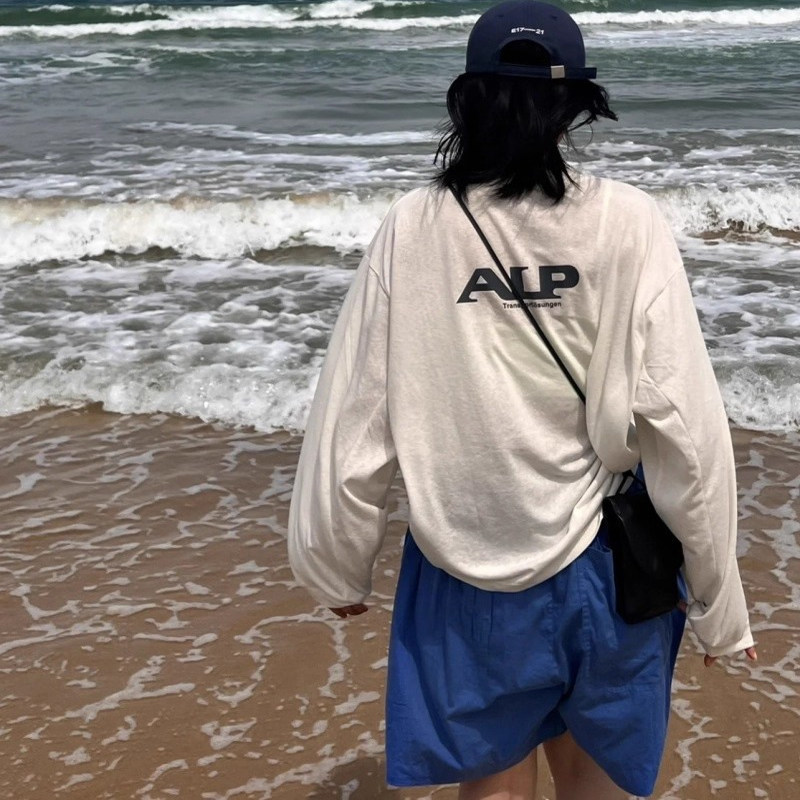 韩系字母印花宽松圆领长袖T恤叠穿上衣旅游防晒罩衫