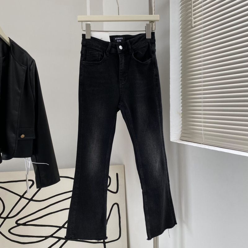 YKK拉链微喇黑色高腰弹力牛仔裤