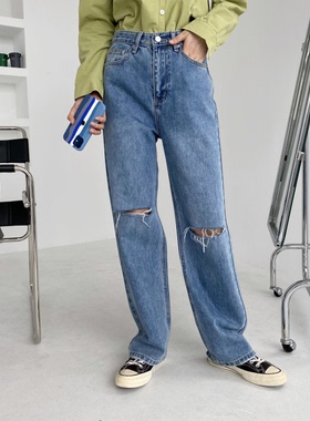 7021#质感好货！高腰设计柔软破洞直筒牛仔裤