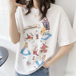 东大门同款~卡通印花爱丽丝短袖T恤女白色宽松圆领纯棉上衣