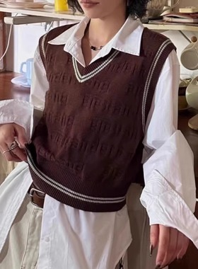 58008#高腰短款学院风拼色叠穿V领针织衫无袖马夹外穿背心 0.19KG