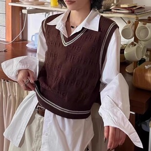 58008#高腰短款学院风拼色叠穿V领针织衫无袖马夹外穿背心 0.19KG