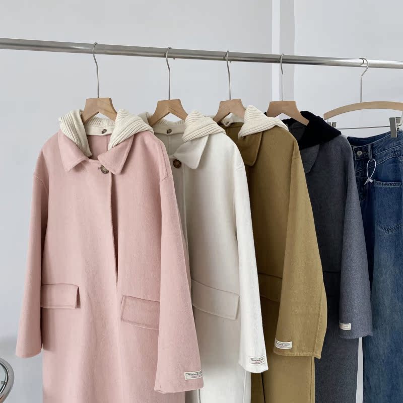 D2235#学院风中长款双面绒带帽针织羊毛外套女  1.46KG