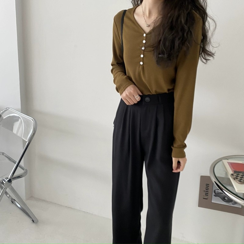 023# 好软好舒服！超弹气质V领显瘦纽扣设计纯色长袖T恤 0.2KG