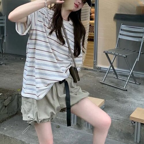 韩系复古设计感小众宽松慵懒苎麻撞色条纹短袖T恤上衣