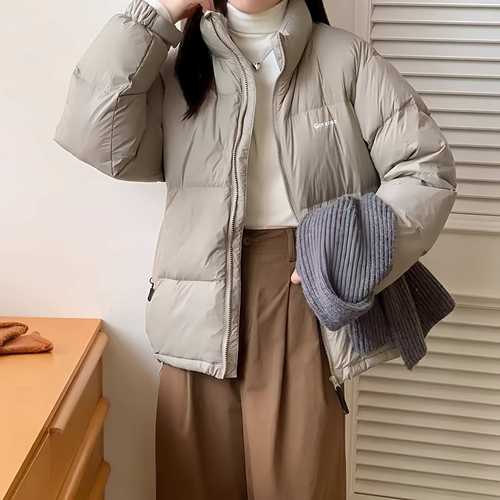 韩系！字母绣标50白鸭绒羽绒服立领白面包服  0.59KG