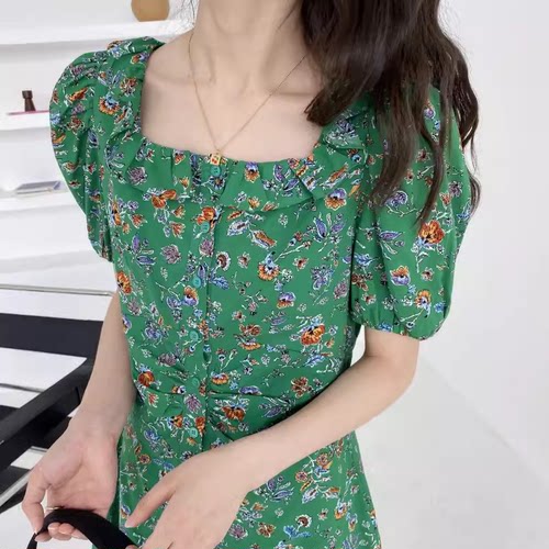 包邮！J6311#超正的绿！花边方领纽扣短袖连衣裙