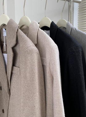 3099#含羊毛~松紧抽绳设计宽松双排扣口袋垫肩宽肩西装外套0.79KG