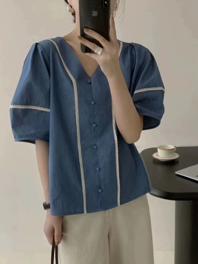 7865#夏季新款 拼接蕾丝V领系扣纯色显瘦短袖衬衫  0.17KG