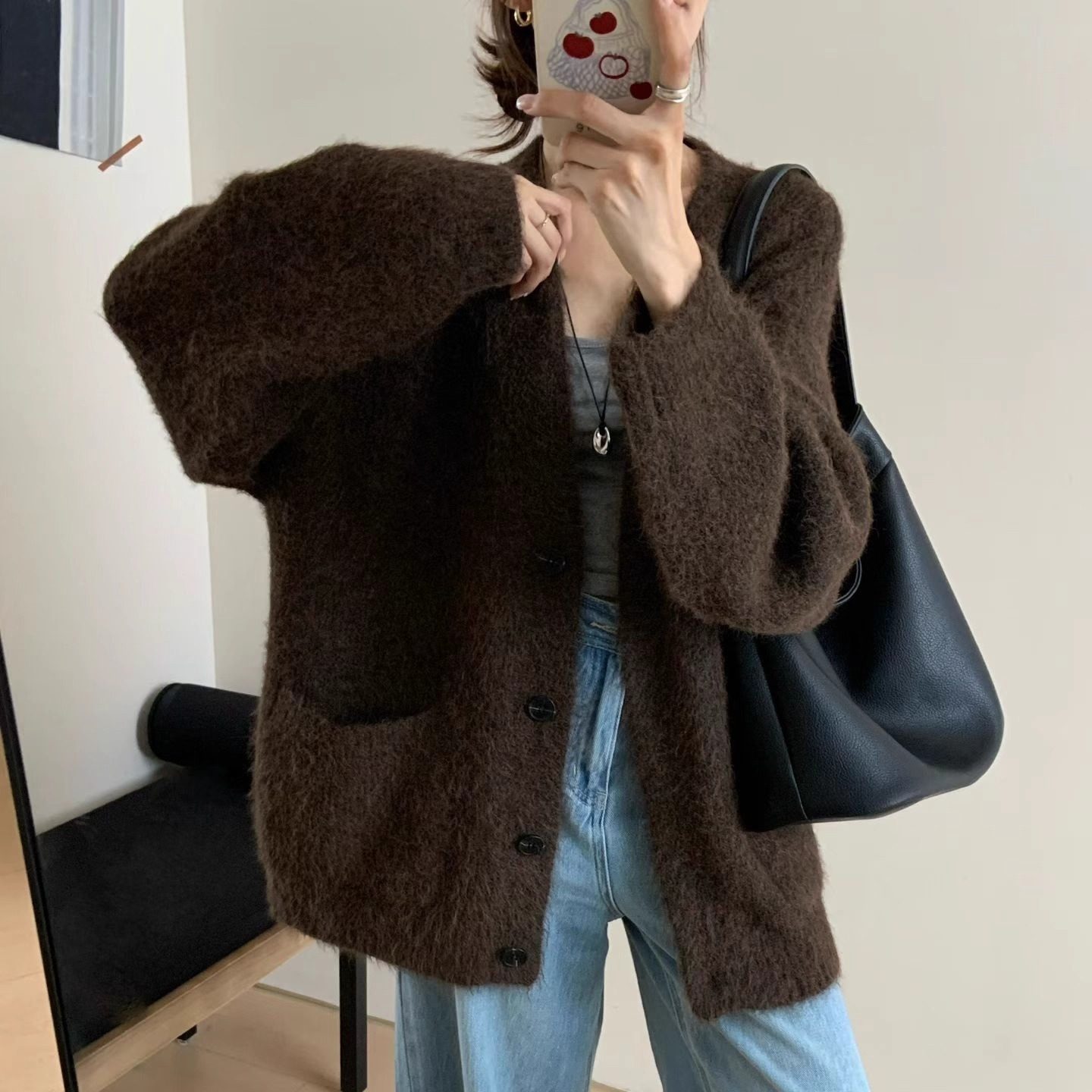 休闲风~含羊毛V领纽扣开衫毛衣宽松口袋厚实软糯百搭针织衫外套