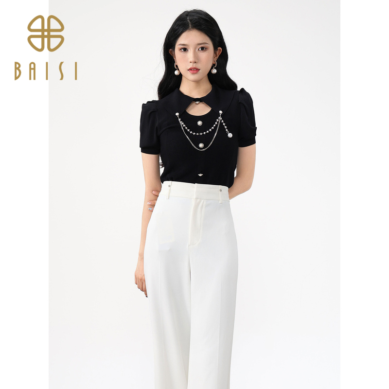 百丝小心机镂空翻领短袖针织衫2024秋季新品法式泡泡袖修身上衣女